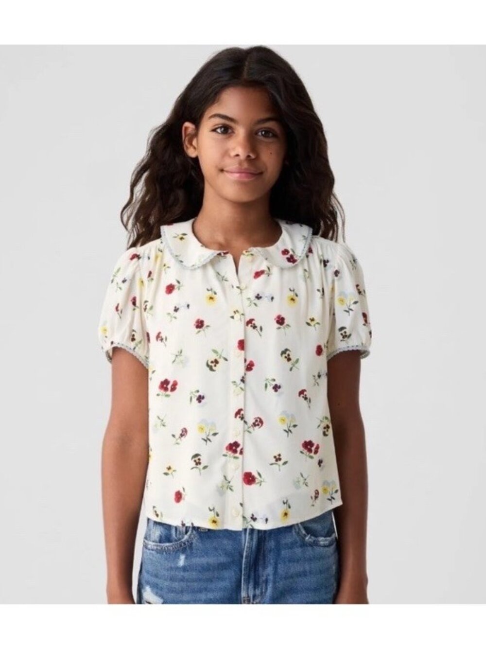 Gap x Doen Girls White Floral Cropped Blouse Cap Sleeve Size XL.       Ab
